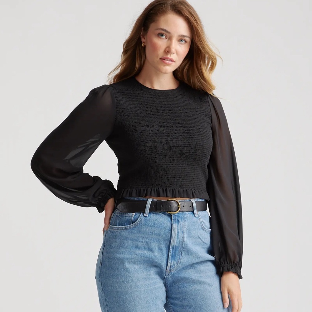 Quince Chiffon Cropped Smocked Blouse - Black